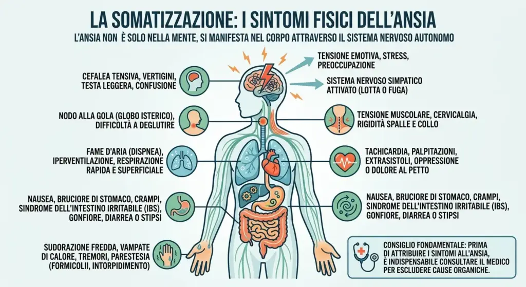 ansia somatizzata:infografica medica in due pannelli che illustra la risposta del sistema nervoso autonomo