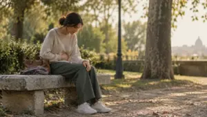 Persona seduta su una panchina in un parco che riprende fiato dopo un attacco di panico
