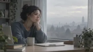Distimia: persona nella routine quotidiana avvolta da una foschia grigia costante, a rappresentare la depressione cronica di fondo
