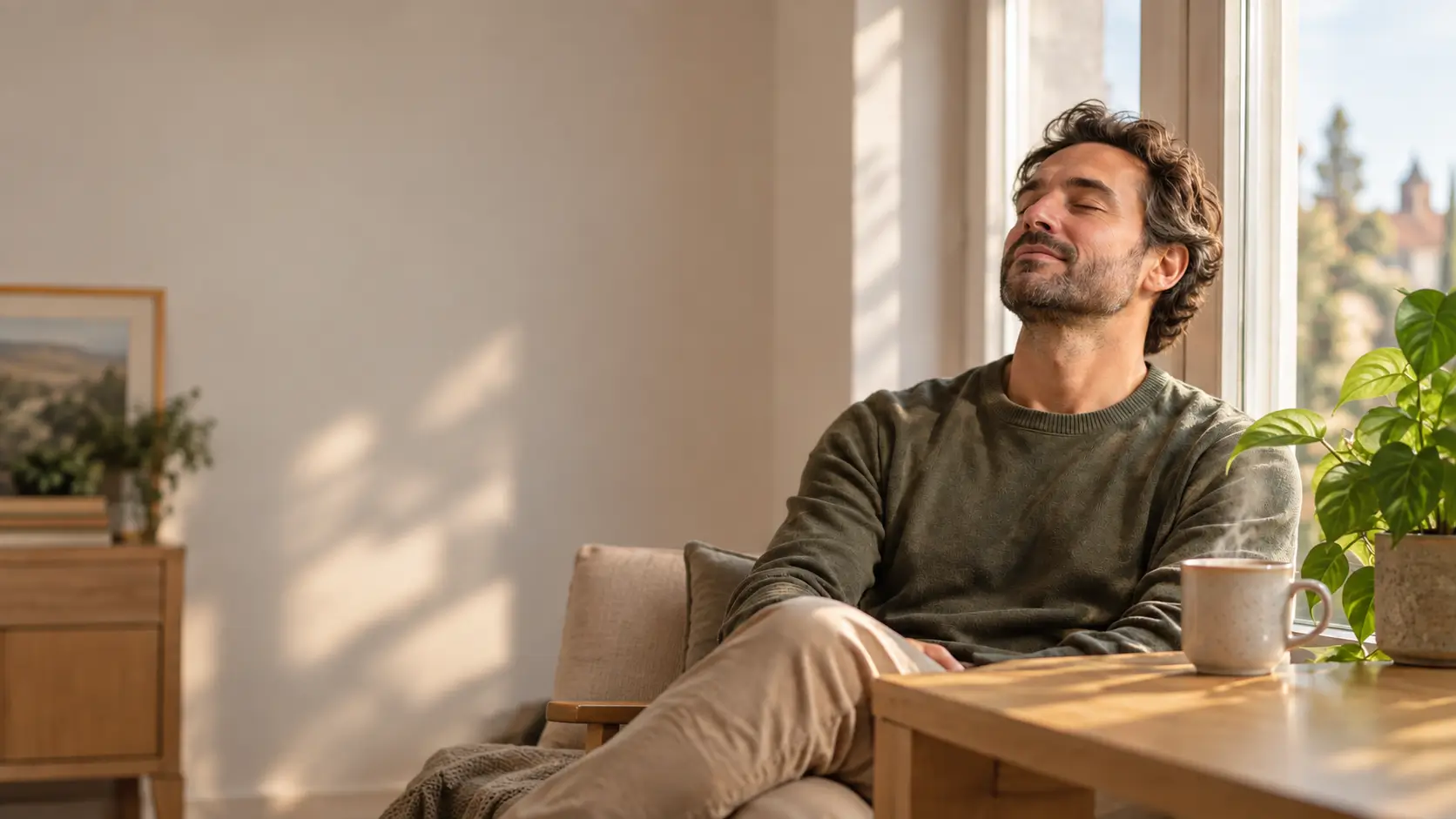 Uomo seduto alla finestra che pratica la respirazione lenta per gestire l'ansia