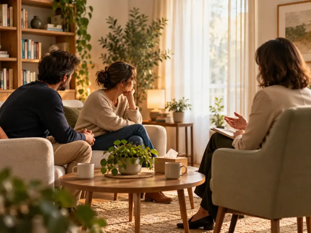 Coppia seduta sul divano durante un colloquio di consulenza psicologica di coppia con la psicologa, in uno studio luminoso e accogliente