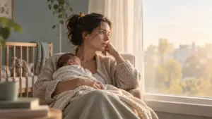 Depressione post-partum: giovane madre pensierosa accanto alla finestra con il neonato, in un'atmosfera di fatica emotiva e speranza