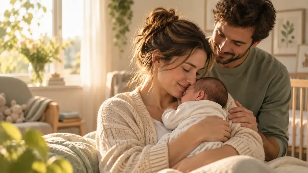 Depressione post-partum: madre con il neonato e una figura di supporto vicina, a rappresentare la rete di aiuto nel percorso di cura