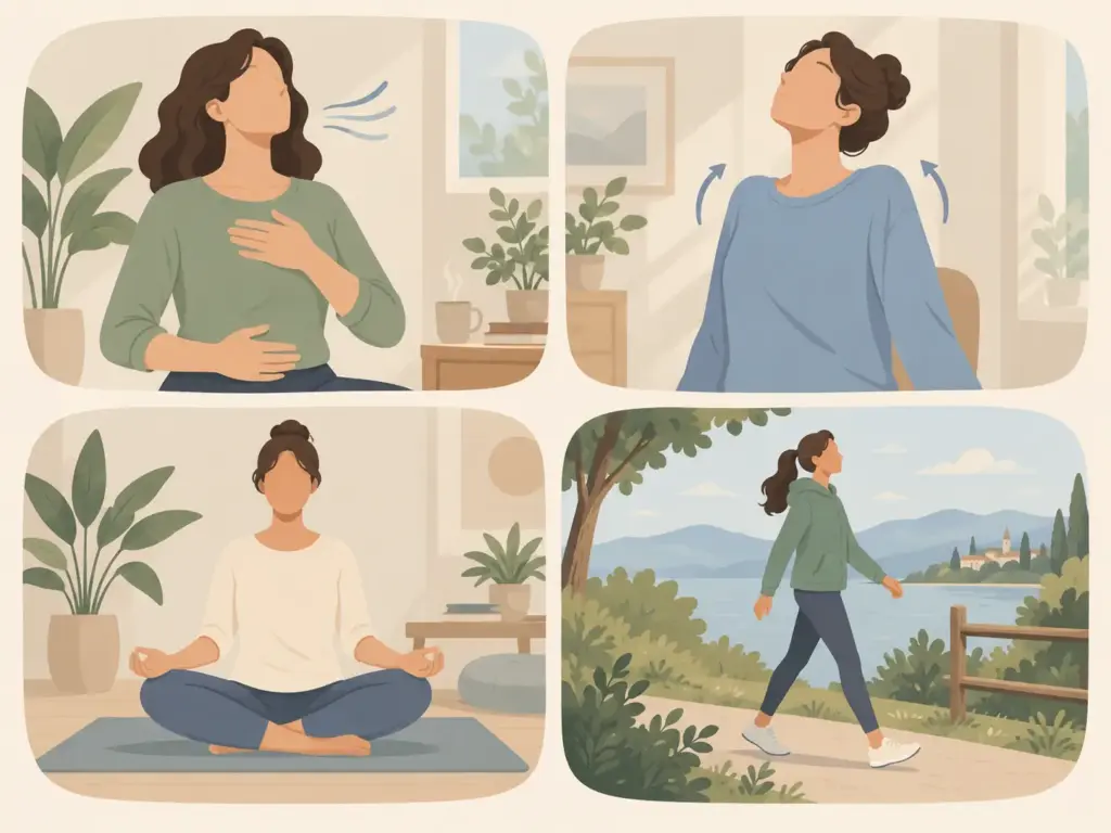 Illustrazione di respirazione, rilassamento muscolare, mindfulness e camminata come tecniche per gestire l'ansia