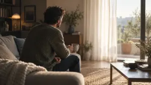 Uomo seduto vicino a una finestra, pensieroso, tra luce e penombra: immagine della depressione ansiosa